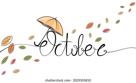 Autumn composition. The word October with leaves and umbrella on a white background.