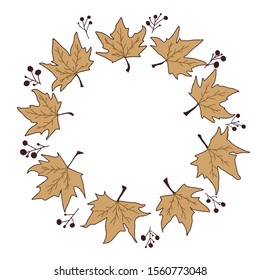 Autumn composition wreath. Drawing made from autumn leaves. Top view isolated white background