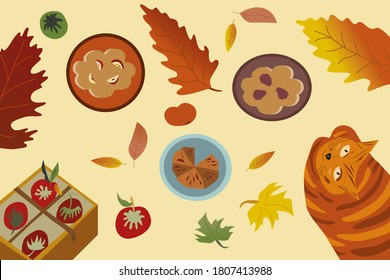 
Autumn composition yellow red green leaves blueberry pie apple box ginger cat apple pie cozy atmosphere top view vector graphics