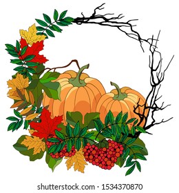 autumn compositions with pumpkin, maple leaves and rowan