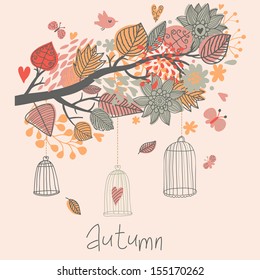 Autumn concept card in vector. Stylish branch with leafs and butterflies. Cages in the tree in vintage style