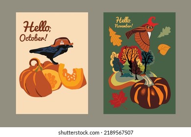 Autumn concept cards with crow, owl and pumpkins. Vector design for paper, fabric and other surface
