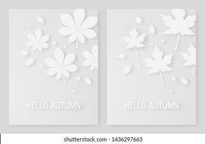 Autumn concept with chestnut and maple leaves. Vertical designs for web banners, posters, cards etc. Vector template in paper cut style.