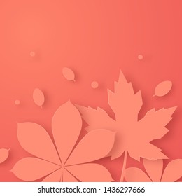 Autumn concept with chestnut and maple leaves. Square design for web banners, posters, cards etc. Vector template in paper cut style.