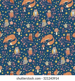 Autumn concept childish seamless pattern with fox, bear, rabbit, owl, snail in trees and flowers. Seamless pattern can be used for wallpapers, pattern fills, web page backgrounds, surface textures