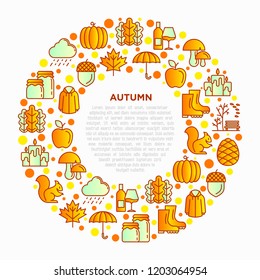 Autumn concept in circle with thin line icons: maple, mushrooms, oak leaves, apple, pumpkin, umbrella, rain, candles, acorn, rubber boots, raincoat, pinecone. Vector illustration, print media template