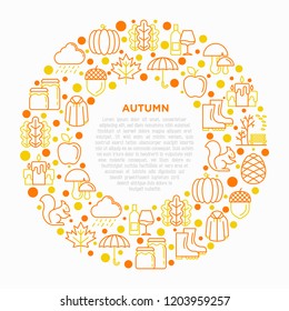 Autumn concept in circle with thin line icons: maple, mushrooms, oak leaves, apple, pumpkin, umbrella, rain, candles, acorn, rubber boots, raincoat, squirrel. Vector illustration, print media template