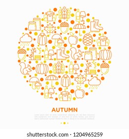 Autumn concept in circle with thin line icons: maple, mushrooms, oak leaves, apple, pumpkin, umbrella, rain, candles, acorn, rubber boots, raincoat, pinecone. Vector illustration, print media template