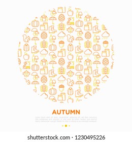 Autumn concept in circle with thin line icons: maple, mushrooms, oak leaves, apple, pumpkin, umbrella, rain, acorn, rubber boots, raincoat, pinecone, squirrel. Vector illustration for print media.