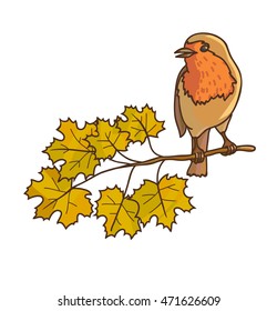Autumn concept drawing of bird sitting on branch with yellow leaves. Vector Illustration. Isolated on white.