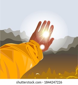 Autumn concept, fall background. Hand outstretched to the sun. Vector illustration