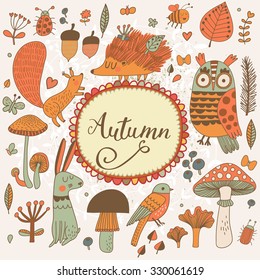 Autumn concept forest card with lovely wild animals : rabbit, hedgehog, squirrel, owl and birds. Stylish background with birds and animals in mushrooms, leafs and insects in orange colors