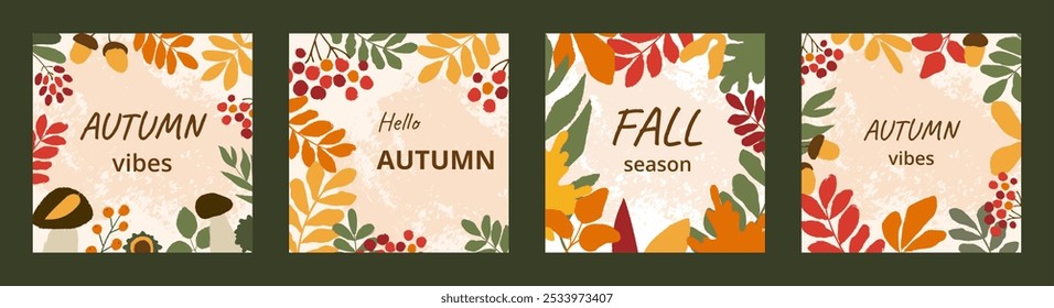 Autumn concept. Greeting fall square cards with typography and grunge background. Multicolored drawing leaves, berries, mushrooms, oak, chestnut
