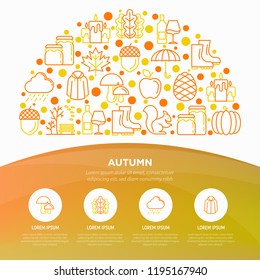 Autumn concept in half circle with thin line icons: maple, mushrooms, oak leaves, apple, pumpkin, umbrella, candles, acorn, raincoat, pinecone, squirrel. Vector illustration, print media template.