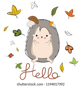 Autumn concept, happy hedgehog with falling leaves. Scandinavian style and drawn vector illustration. T-shirt or Greetings card template.