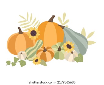 Autumn concept for Harvest festival or Thanksgiving Day. Pumkins with sunflowers and leaves. Background for posters, web, banners, flyers, postcards 