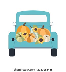 Autumn concept for Harvest festival or Thanksgiving Day. Blue retro car with pumkins, sunflowers and leaves. Background for posters, web, banners, flyers, postcards 