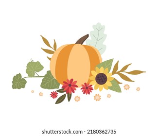 Autumn concept for Harvest festival or Thanksgiving Day. Pumkins with sunflowers and leaves. Background for posters, web, banners, flyers, postcards 