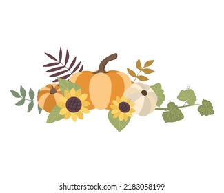 Autumn concept for Harvest festival or Thanksgiving Day. Pumkins with sunflowers and leaves. Background for posters, web, banners, flyers, postcards 