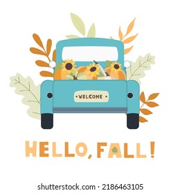Autumn concept for Harvest festival or Thanksgiving Day. Blue car with pumkins, sunflowers and leaves. Background for posters, web, banners, flyers, postcards 