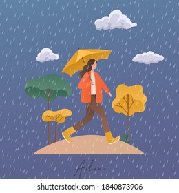 Autumn concept illustration. Girl with umbrella under autumn rain.