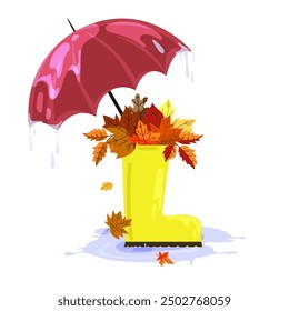 Herbst-Konzept-Illustration mit gummigelbem Stiefelschirm und gefallenen Herbstblättern, Vektorgrafik. Saisonales gemütliches Illustrationsdesign für Karten, Druck, Banner und Plakatdekoration