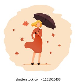 Autumn concept illustration. Woman holding an umbrella on the background of the leaves. Leaf fall and wind. Vector illustration