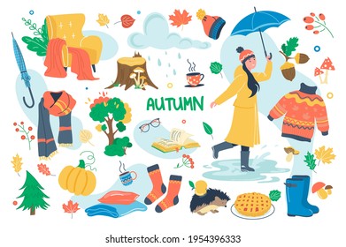 Autumn concept isolated elements set. Bundle of girl in raincoat with umbrella, fall yellow leaves, rainy weather, reading books, cozy warm clothes, forest. Vector illustration in flat cartoon design
