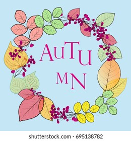 Autumn concept of leaves and berries in a vector illustration on a blue background.