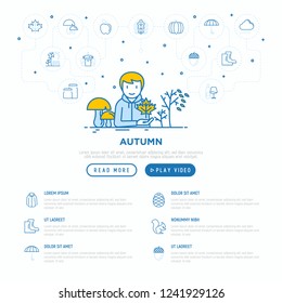 Autumn concept:  man in park with mushrooms and maple. Thin line icons: oak leaves, apple, pumpkin, umbrella, rain, candles, acorn, rubber boots, raincoat. Vector illustration, web page template.