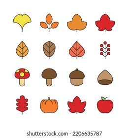 Autumn concept outline icon set. Maple leaves, ginkgo leaves, fallen leaves, mushrooms, pumpkins, apples, acorns, chestnuts.