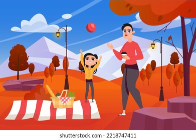 Autumn concept with people scene in the background cartoon design. Mother and daughter having fun on a picnic in the park. Vector illustration.