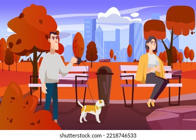 Autumn concept with people scene in the flat cartoon style. Man with a dog wants to meet a girl sitting on a nearly bench. Vector illustration.