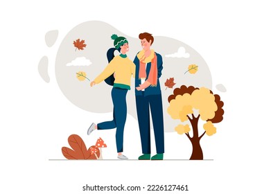 Autumn concept with people scene in the flat cartoon style. Young couple having a great time together on a walk in the autumn park. Vector illustration.