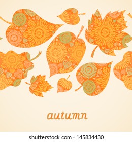 Autumn concept seamless border. Bright floral background with leaves and hearts. You can place your text in the empty place. It can be used for decorating of invitations and greeting cards.