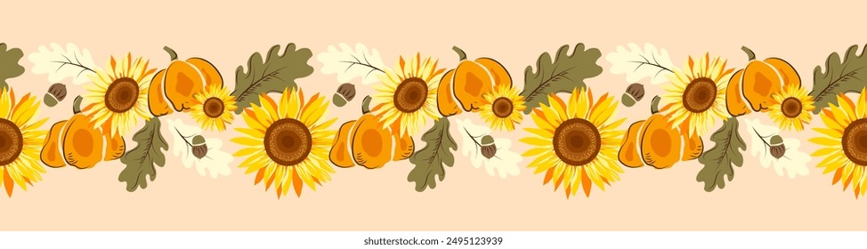 Autumn concept seamless border pattern with hand drawn cute pumpkins and sunflowers. Harvest, Thanksgiving or halloween seasonal horizontal decoration design