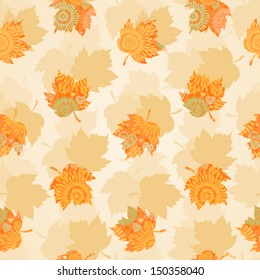 Autumn concept seamless pattern. Bright floral background with leaves and hearts. You can place your text in the empty place. It can be used for wallpaper, pattern fills, web page, surface textures.