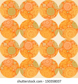 Autumn concept seamless pattern of circles. Bright floral background with leaves and hearts. It can be used for wallpaper, pattern fills, web page, surface textures.
