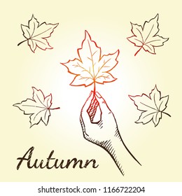 Autumn, concept sketch. A young girl in the garden caught a maple leaf with her hand. Vector hand drawn illustration.