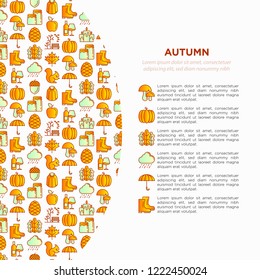 Autumn concept with thin line icons: maple, mushrooms, oak leaves, apple, pumpkin, umbrella, rain, candles, acorn, rubber boots, raincoat, pinecone, squirrel. Vector illustration, print media template