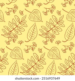 Autumn contour contrast seamless pattern with rowanberry, birch tree leaves and berries. Hand drawn flat style. Simple botanical illustration on light background. Perfect for textile and wrapping