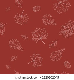 Autumn contour seamless pattern with leaves on red background. Oak, maple, rowan leaves on white background. Fabric pattern. Vector seamless background. Cute autumn design.