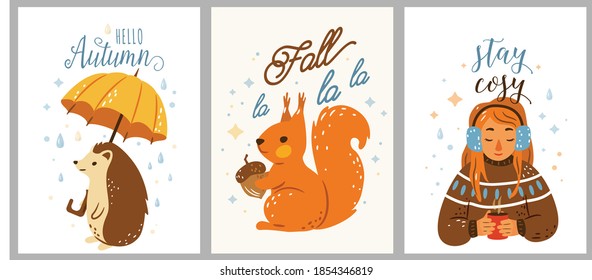 Autumn cool cozy vector illustration set with sweet quotes. Happy hedgehog walking under rain holding big yellow umbrella. Cute squirrel keep acorn. Pretty girl listen music and drink hot tea.