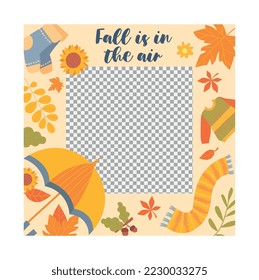 Marco de espacio de copia otoñal. Diseño de post para redes sociales y tarjetas de productos en Internet. Botánica y floristería. Calcetines, paraguas y suéter cálido, temporada de otoño. Dibujo vectorial plano de dibujos animados