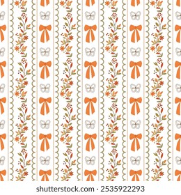 Autumn coquette bows, ribbons, floral leaves seamless pattern. Fall grandmillennial vertical striped background with bow knots illustration. Vector wallpaper, print, paper, cute textile design, fabric