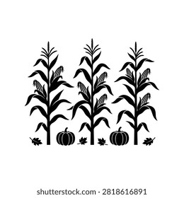 Autumn corn stalks and pumpkins silhouette. Fall harvest vector icon for seasonal design.
