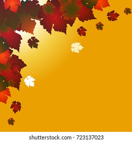 Autumn Corner with Red and Green Mixed Leafs Over Dark Yellow Background