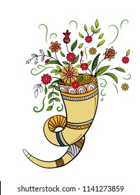 Autumn cornucopia with flowers. Hand drawn vector illustration.