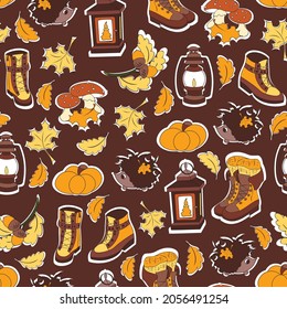 Autumn cosy leaves and lanterns seamless pattern