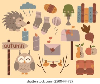 Autumn cosy set. Owl, hedgehog, letterbox sock books. Autumn season cosy drawing clipart elements. Collection of isolated design elements